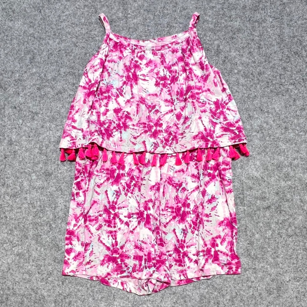 Design History Girls Pink Tie Dye Tassel Popover Romper Size 6X‎